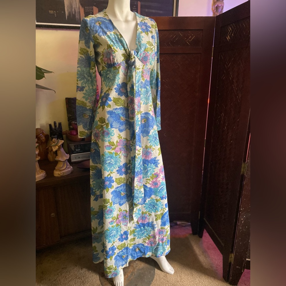 Vintage long floral Metallic Easter maxi dress mid century mod Retro 60s atomic
